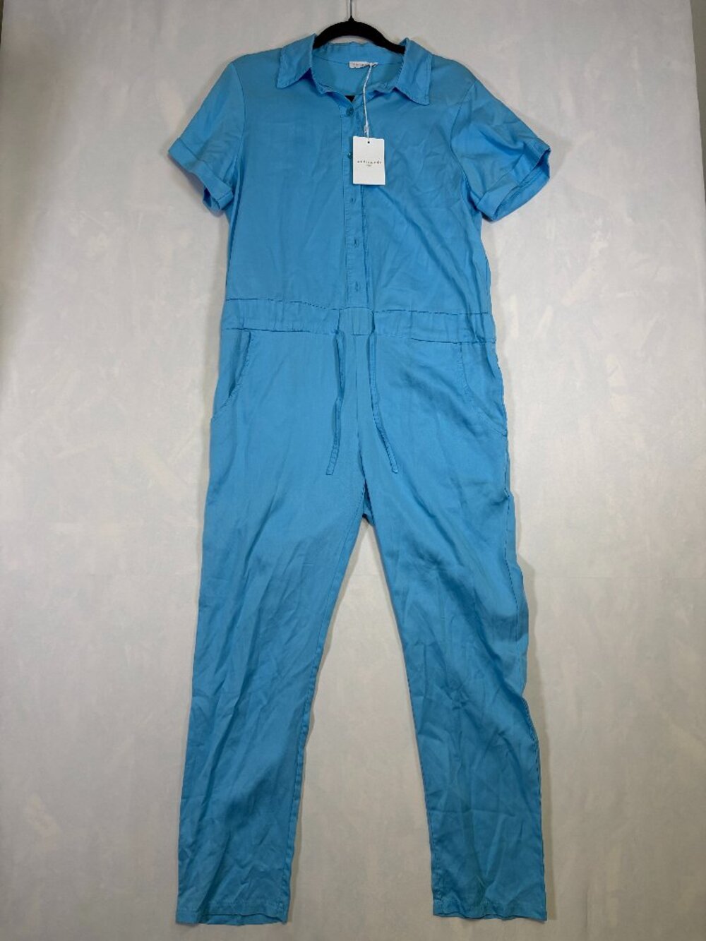 Andromede Paris Blue Utility Jumpsuit Women’s L Short Sleeve Drawstring NWT